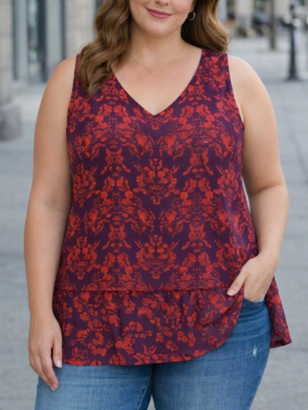 Cabi Red Purple Floral Tiered Sleeveless V-Neck Top Blouse XL Boho Chic Casual